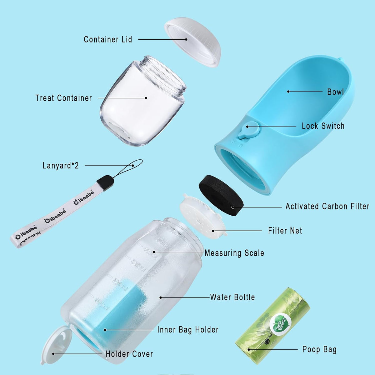 Cibaabo Dog Water Bottle with Food Container & Poop Bag Holder – Portable Travel Pet Water Dispenser for Walking, Hiking & Outdoor Adventures