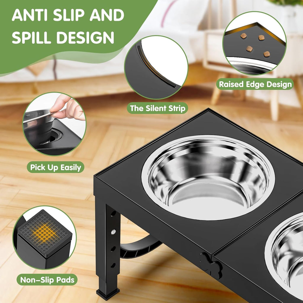 XIAZ Elevated Dog Bowls – Adjustable Raised Dog Bowl Stand for Large &amp; Medium Dogs with Stainless Steel Food &amp; Water Bowls (5 Height Settings, Black)
