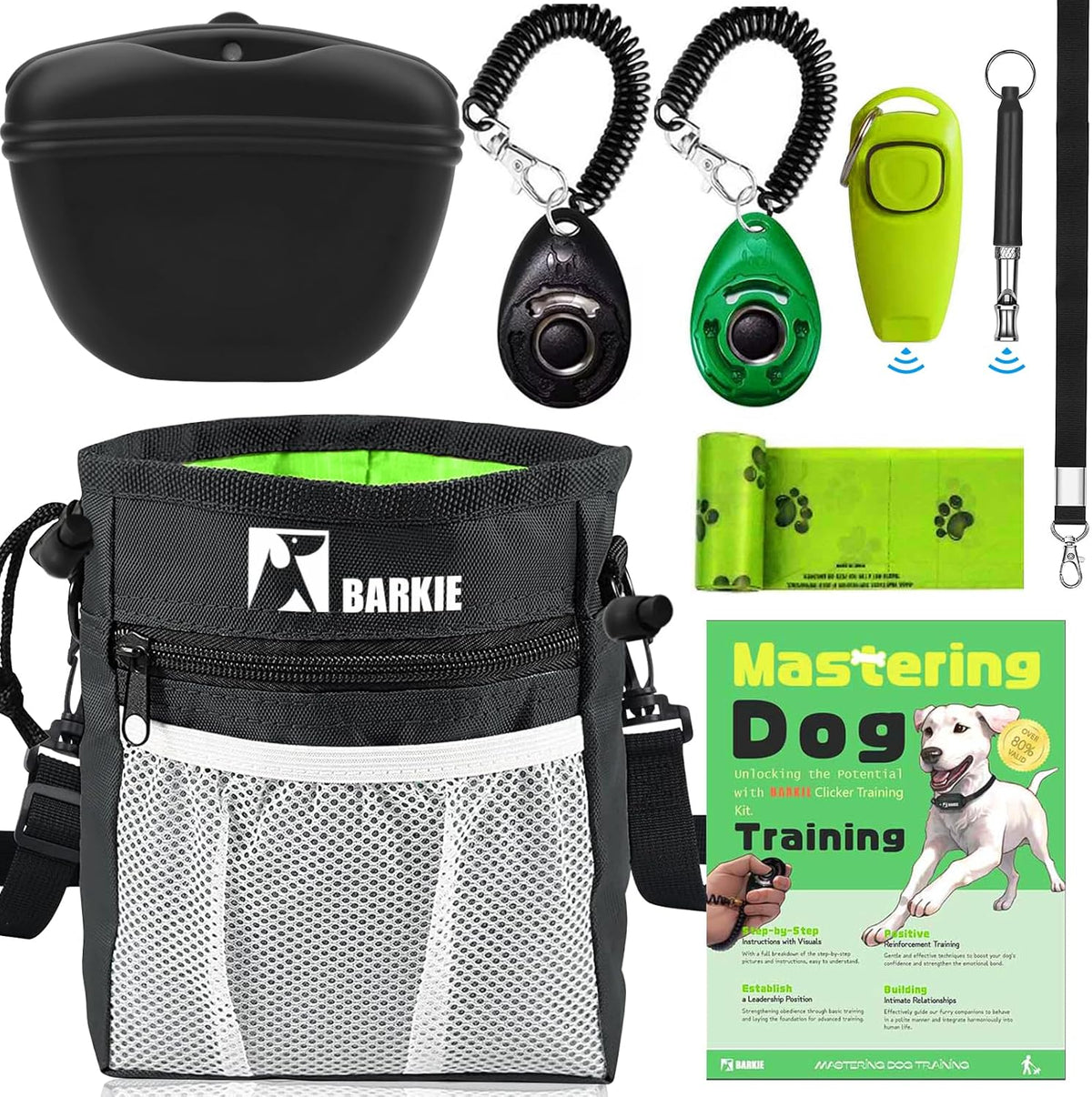 BARKIE Dog Training Kit – Treat Pouch, Pet Training Fanny Pack, 2 Puppy Training Clickers, Ultrasonic Silent Whistle, 2-in-1 Whistle Clicker, Clicker Training Guide Booklet &amp; Dog Poop Bag (Black)